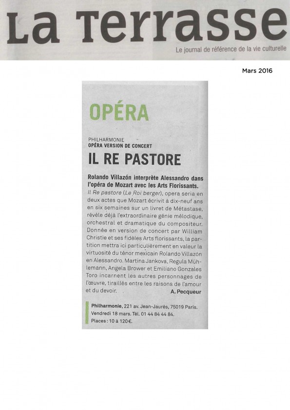 Annonce de la version de concert d'Il re pastore le 18 mars 2016 à la Philharmonie de Paris dans le numéro de mars de La Terrasse