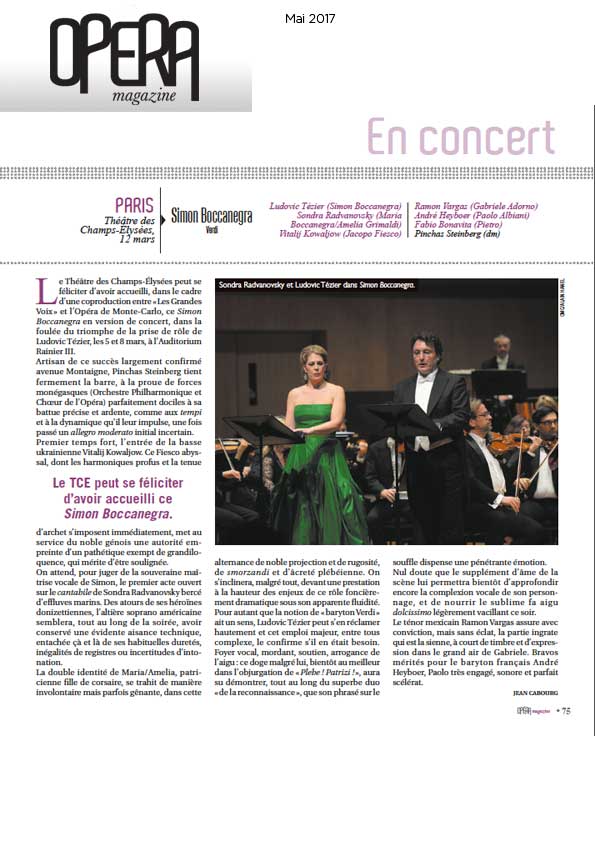 Compte-rendu de Simon Boccanegra dans le numéro de mai d'Opéra Magazine