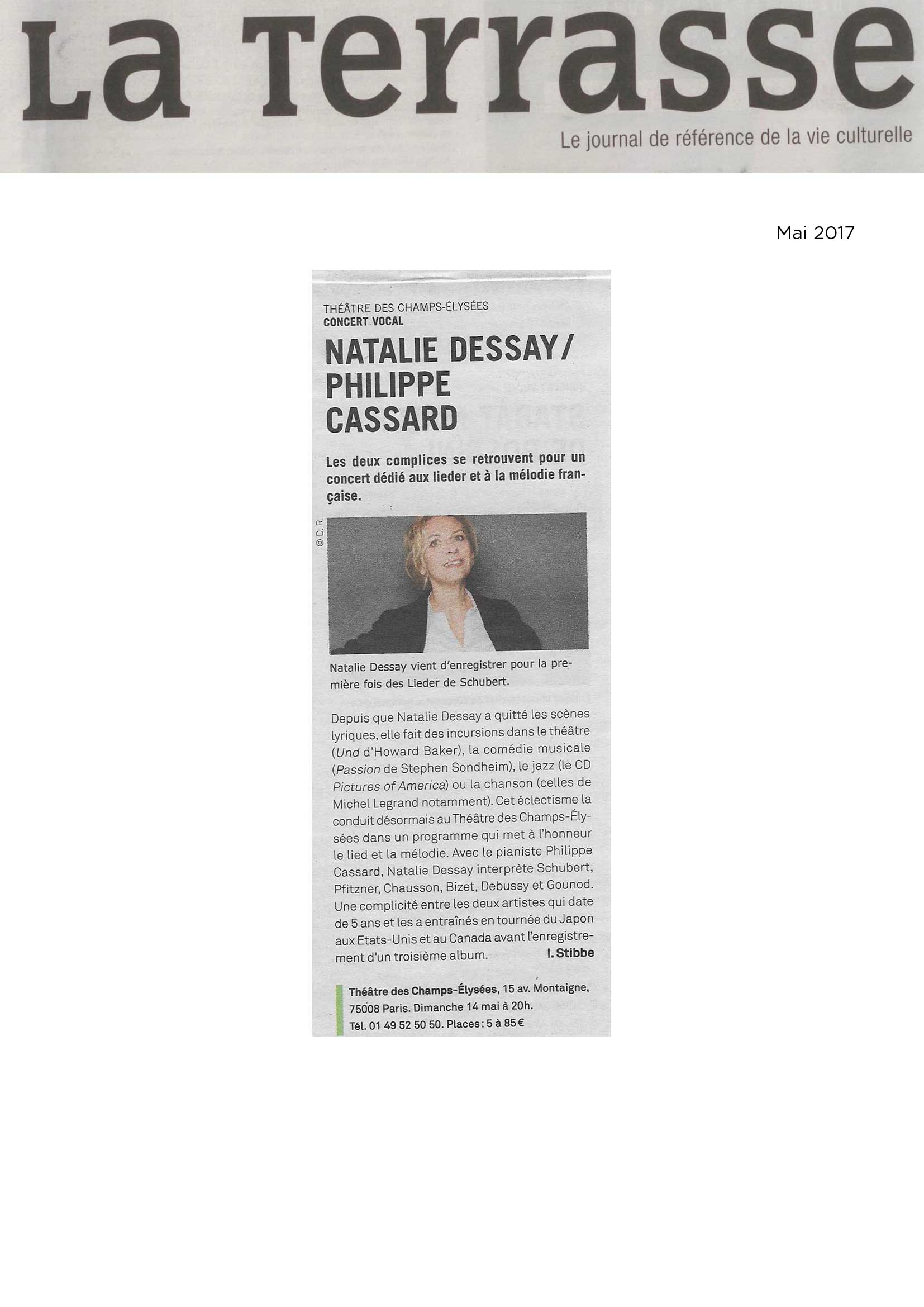 Annonce du récital de Natalie Dessay et Philippe Cassard dans le numéro de mai 2017 de La Terrasse