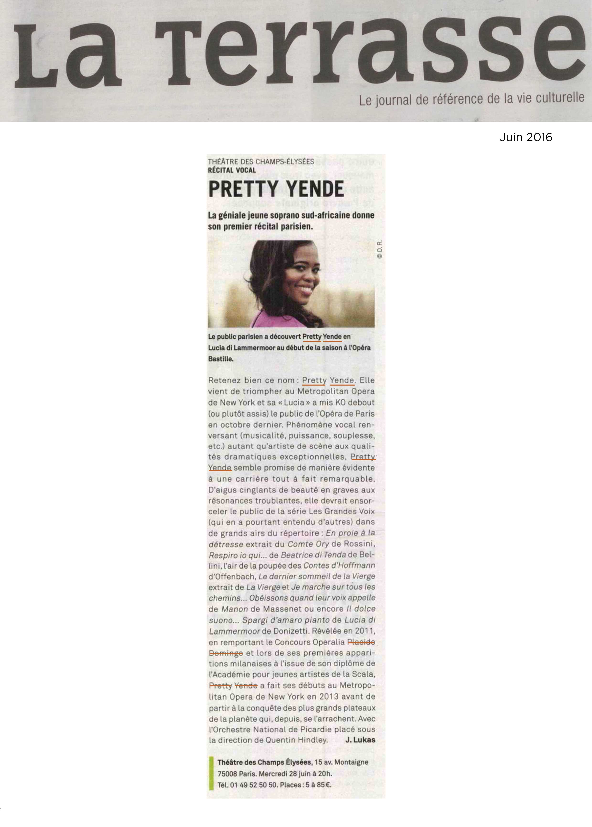 Annonce du récital de Pretty Yende dans le numéro de juin de La Terrasse