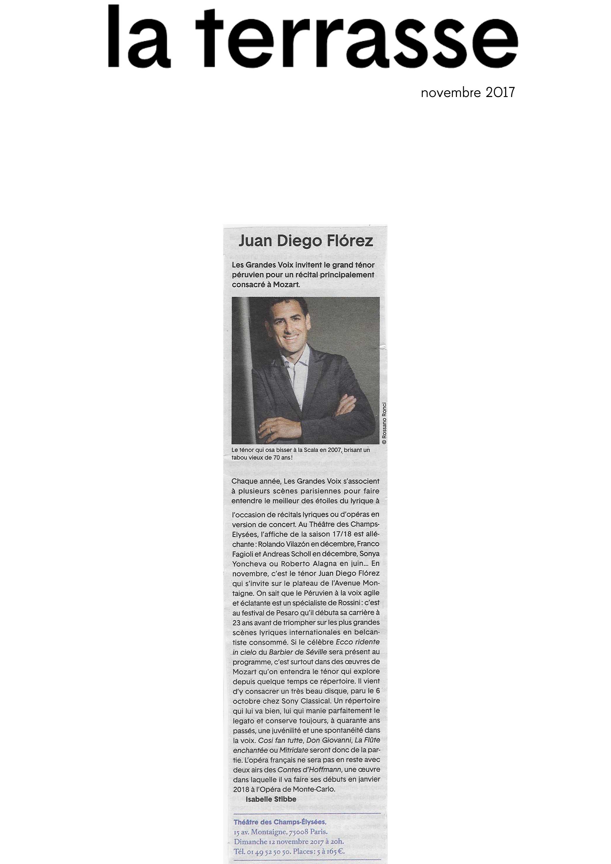 Annonce du récital de Juan Diego Flórez au Théâtre des Champs-Elysées le 12 novembre 2017 dans le numéro de La Terrasse de novembre 2017.