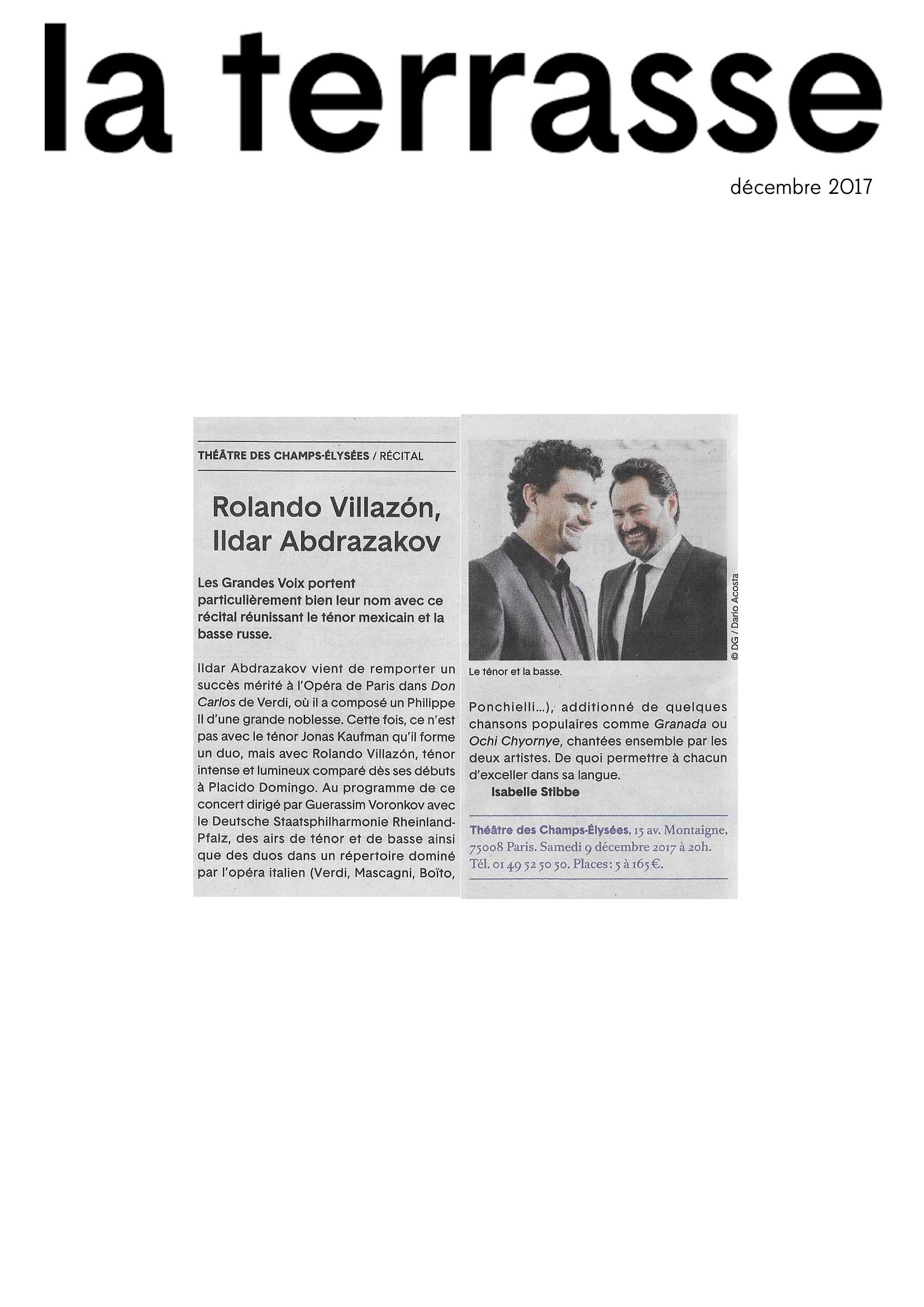 Annonce du récital de Rolando Villazón et Ildar Abdrazakov au Théâtre des Champs-Elysées le 9 décembre 2017 dans le numéro de La Terrasse de décembre 2017.