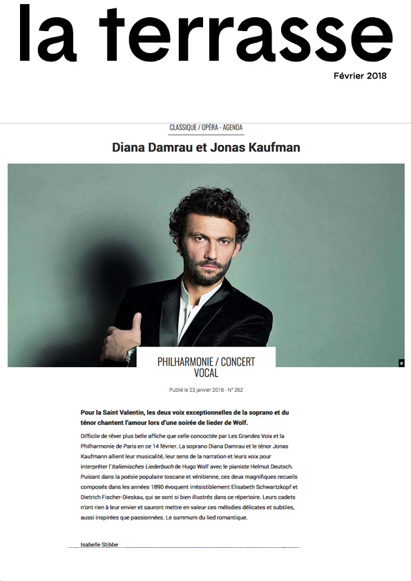 Annonce du récital de Diana Damrau et Jonas Kaufmann à la Philharmonie de Paris le 14 février 2018 dans le numéro de La Terrasse de février 2018.