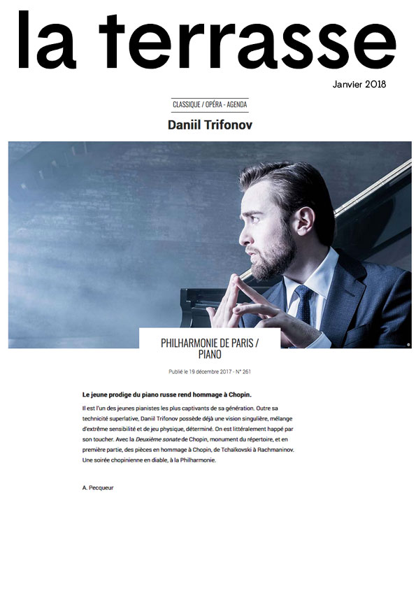 Annonce du récital de Daniil Trifonov à la Philharmonie de Paris le 15 janvier 2018 dans le numéro de La Terrasse de janvier 2018.