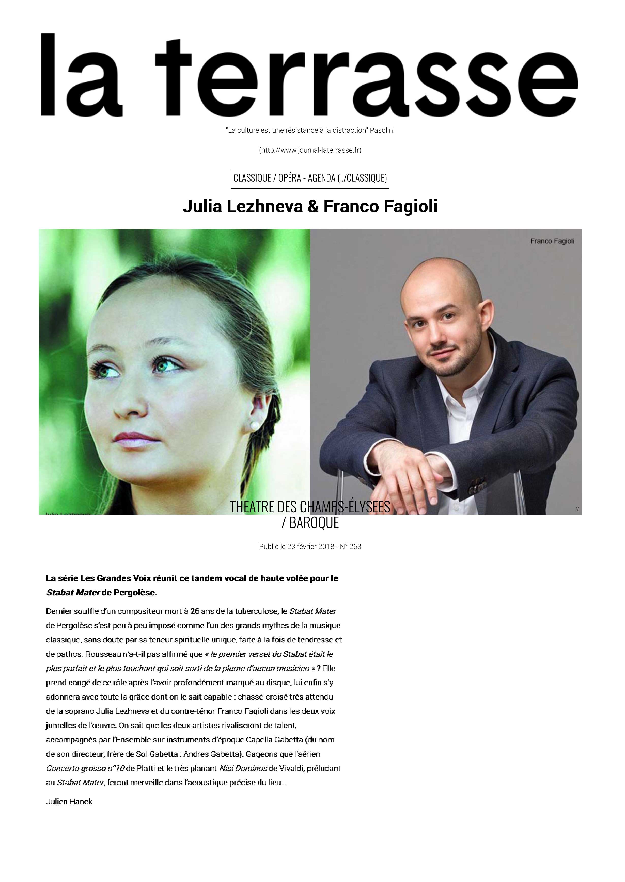 Annonce du récital de Julia Lezhneva et Franco Fagioli au Théâtre des Champs-Elysées le 27 mars 2018 dans le numéro de La Terrasse de mars 2018.