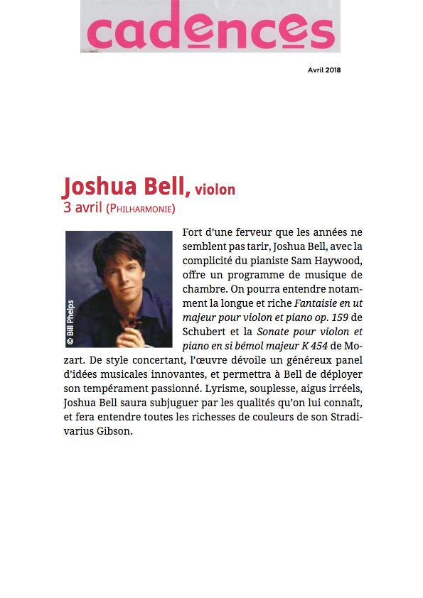 Annonce du récital de Joshua Bell à la Philharmonie de Paris dans le numéro d'avril 2018 de Cadences