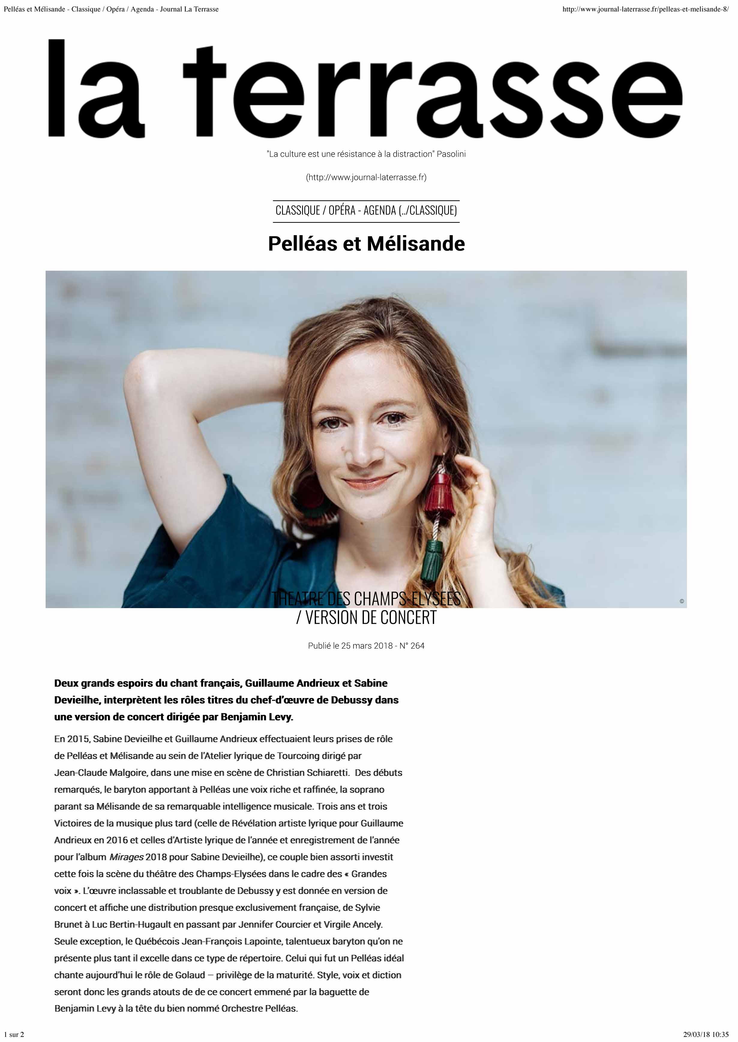 Annonce de la version de concert de Pelléas et Mélisande dans le numéro d'avril 2018 de La Terrasse