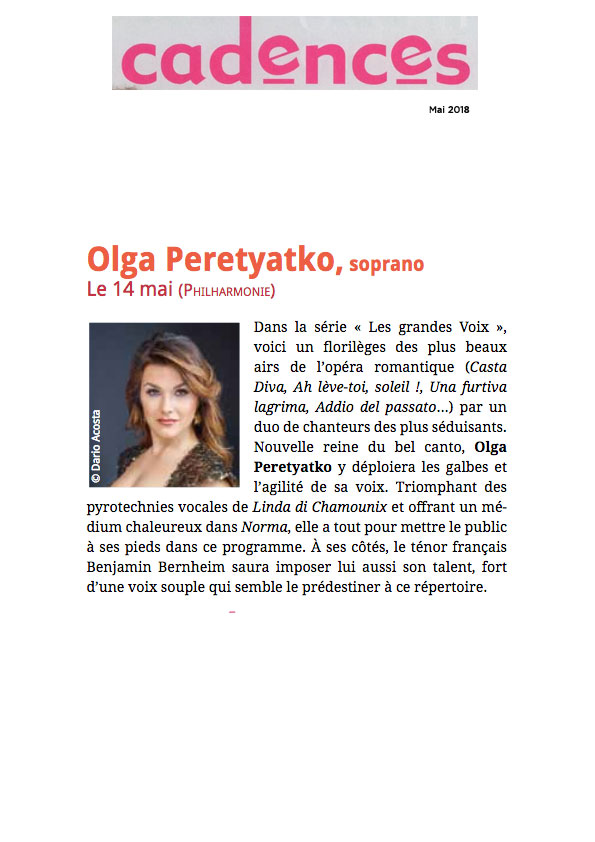 Annonce du concert d'Olga Peretyatko et Benjamin Bernheim dans le numéro de mai 2018 de Cadences