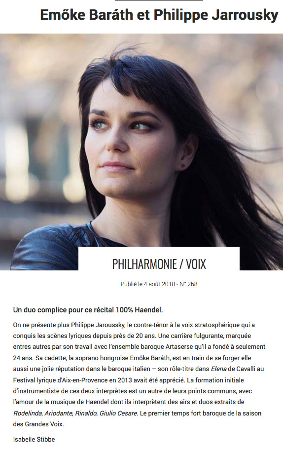 Annonce du concert d'Emoke Barath et Philippe Jaroussky le 21 septembre 2018 à la Philharmonie de Paris dans le numéro de septembre 2018 de La Terrasse