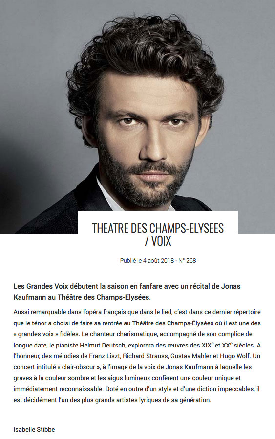 Annonce du récital de Jonas Kaufmann le 20 septembre au Théâtre des Champs-Elysées dans le numéro de septembre 2018 de La Terrasse