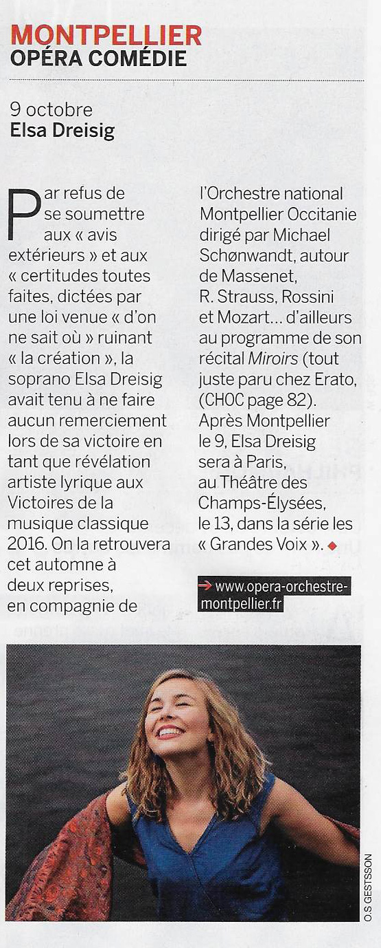 Annonce du concert d'Elsa Dreisig le 13 octobre 2018 au Théâtre des Champs-Elysées dans le numéro de Classica d'octobre 2018