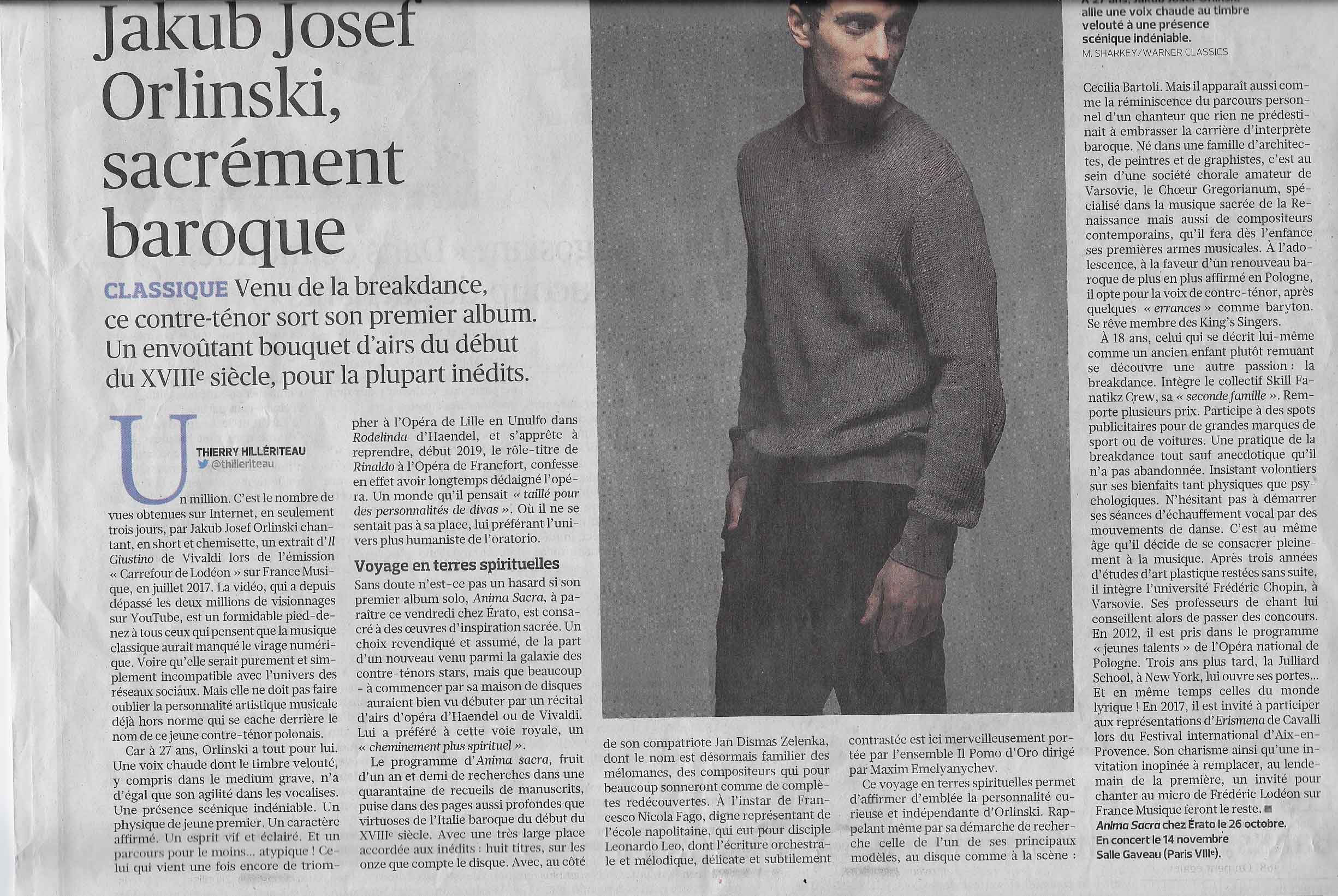 Annonce du concert de Jakub Jozef Orlinski le 14 novembre Salle Gaveau dans le numéro du 23 octobre 2018 du Figaro