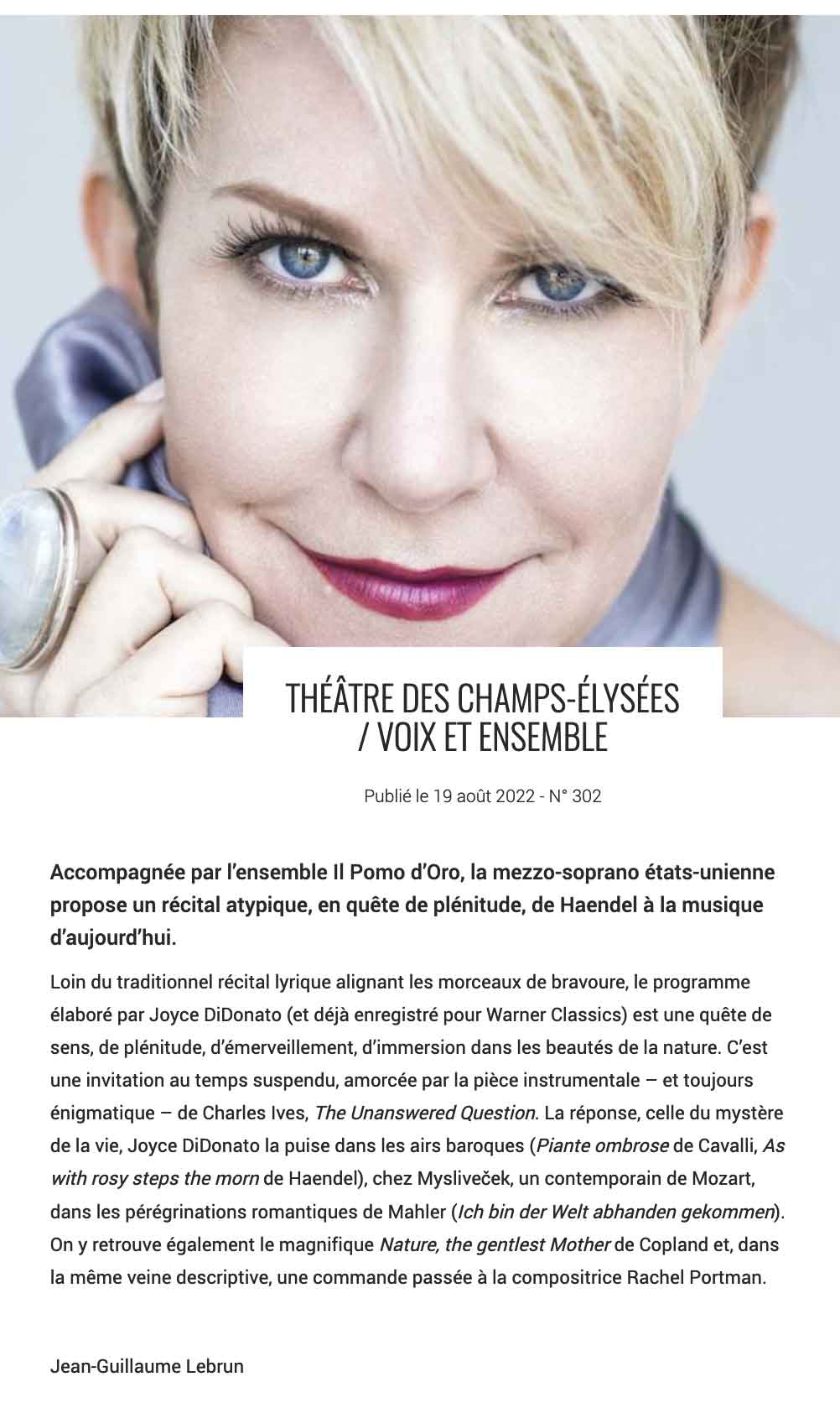 Annonce du concert de Joyce DiDonato le 5 octobre 2022 au Théâtre des Champs-Elysées dans le n° de septembre 2022 de La Terrasse